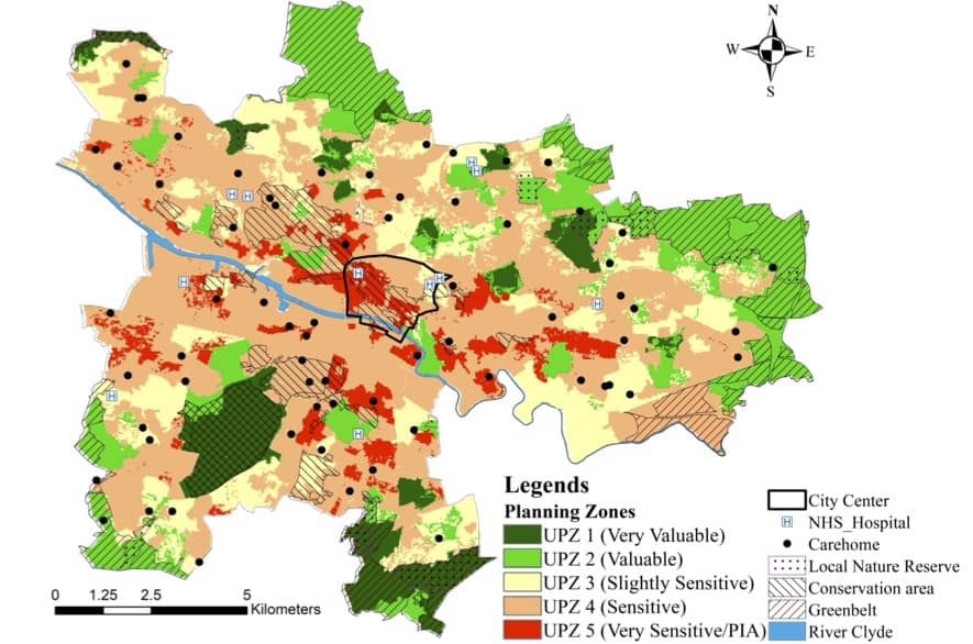 <strong>Figure 1:</strong> Urban climate action recommendation map for Glasgow. <br><em>Note:</em> ‘UPZ’ refers to Urban Planning Zones based on urban climate actions recommended (UPZ1 is highly valuable in terms of ecosystem services provided by existing landscape and therefore no change is needed/allowed; UPZ 5 – areas of high sensitivity to heat vulnerability and where climate action is most needed. <em>Source:</em> Begum (2021).