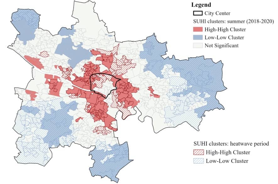 <strong>Figure 2:</strong> Surface urban heat island (SUHI) map of Glasgow 2018-20 and during a heatwave (25.6.2018). <br><em>Note:</em> ‘High-high’ cluster refers to areas where the land surface temperatures are high and spatial auto-correlation is also high; ‘Low-Low’ refers to areas where both these are low (i.e. ‘cool’ spots). <em>Source: </em>Ananyeya (2021).