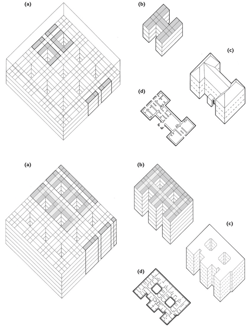 <strong>Figure 5:</strong> An 'archetypal building' from which many different built forms - in these cases an 18th century hospital and a 20th century New York apartment block - can be obtained by the selection of parts.