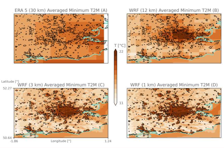 <strong>Figure 1</strong>. Daily minimum air temperature at 2m height, averaged over 20-27th July 2018, over south-east England and London at increasing horizontal resolution: (A) the ERA5 reanalysis product at 30km, and modelled using the Weather Research Forecasting (WRF) model driven by ERA5 at (B) 12km,(C) 3km, and (D) 1km. Blue lines represent shores, black lines are areas with impervious surface fraction above 10%.