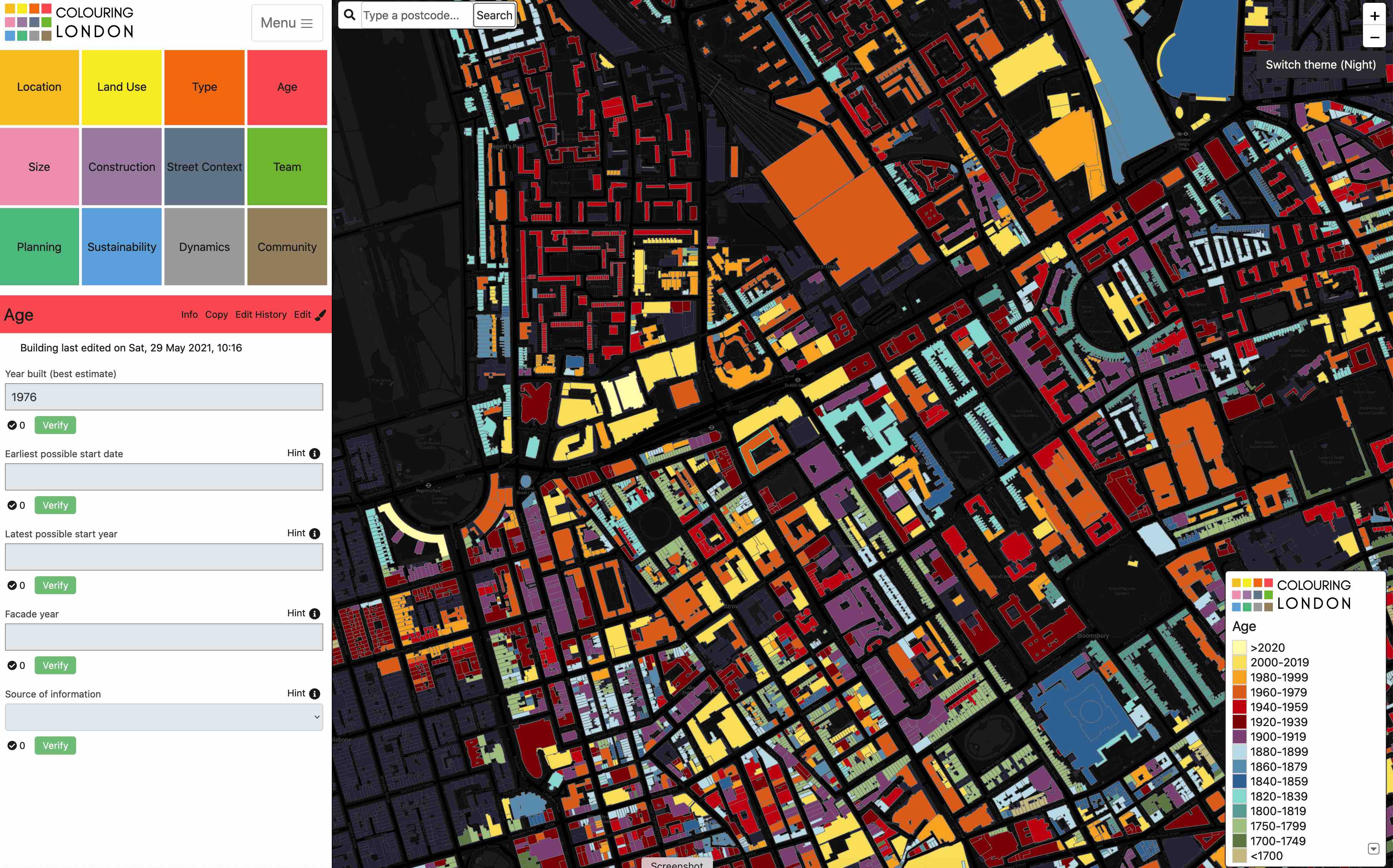 <em><strong>The Colouring London web interface in 2022.</strong> Left: the 12 main types of data collected and the input panel for age data. Right: the visualisation of building age.</em>