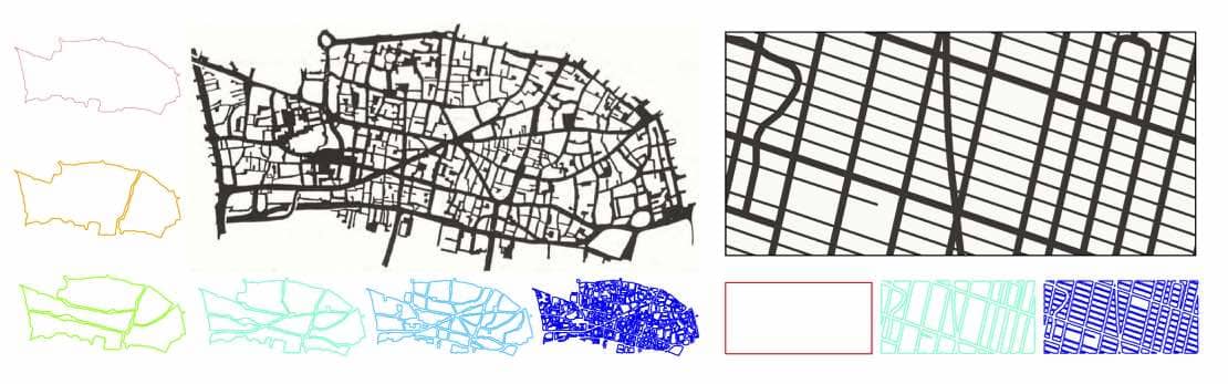 <strong>Figure 1: </strong>Two city plans with different degrees of livingness or structural beauty: City of London (left) and Manhattan (right). <i>Source:</i> Jiang 2022.
