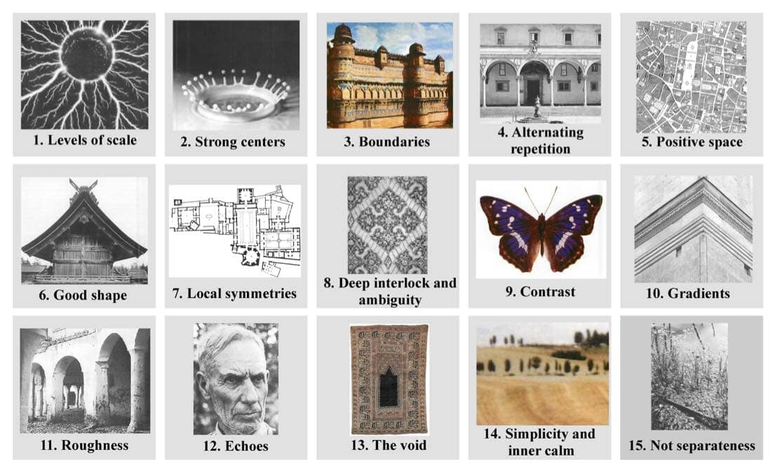 <strong>Figure 2:</strong> Fifteen properties of living structure in natural and human-made things. <i>Source:</i> Alexander (2002-2005).