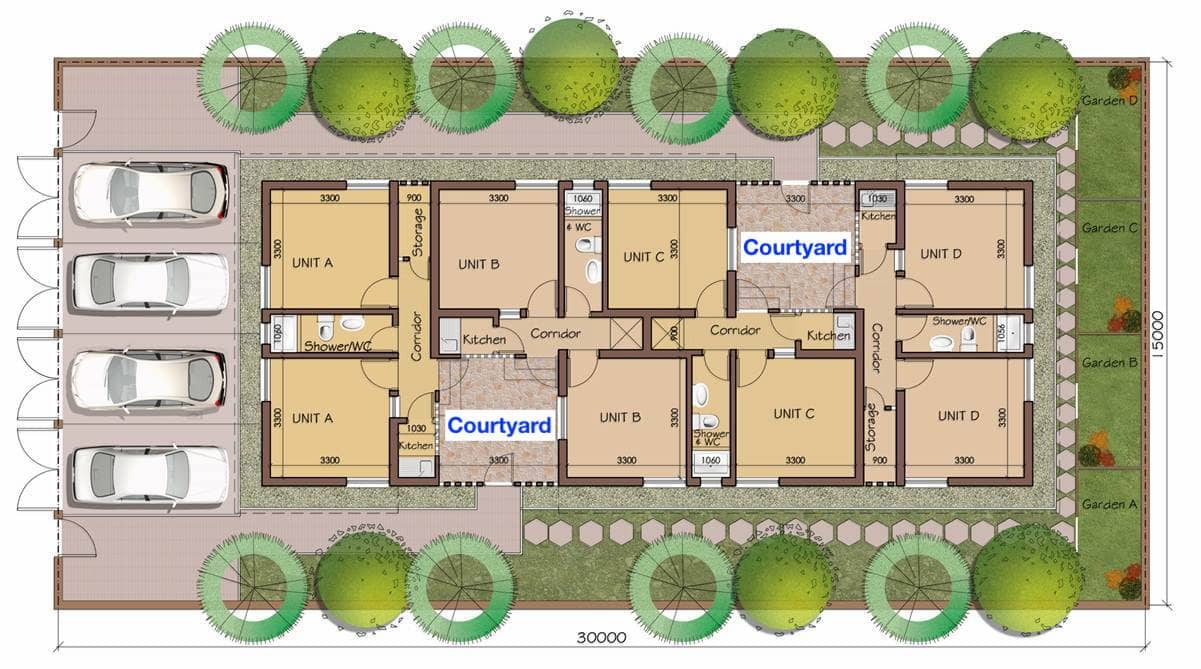 ‘Eco-Village’ in Port Harcourt: plan of typical semi-detached apartments. <em>Image:</em> C.C. Ohajuruka