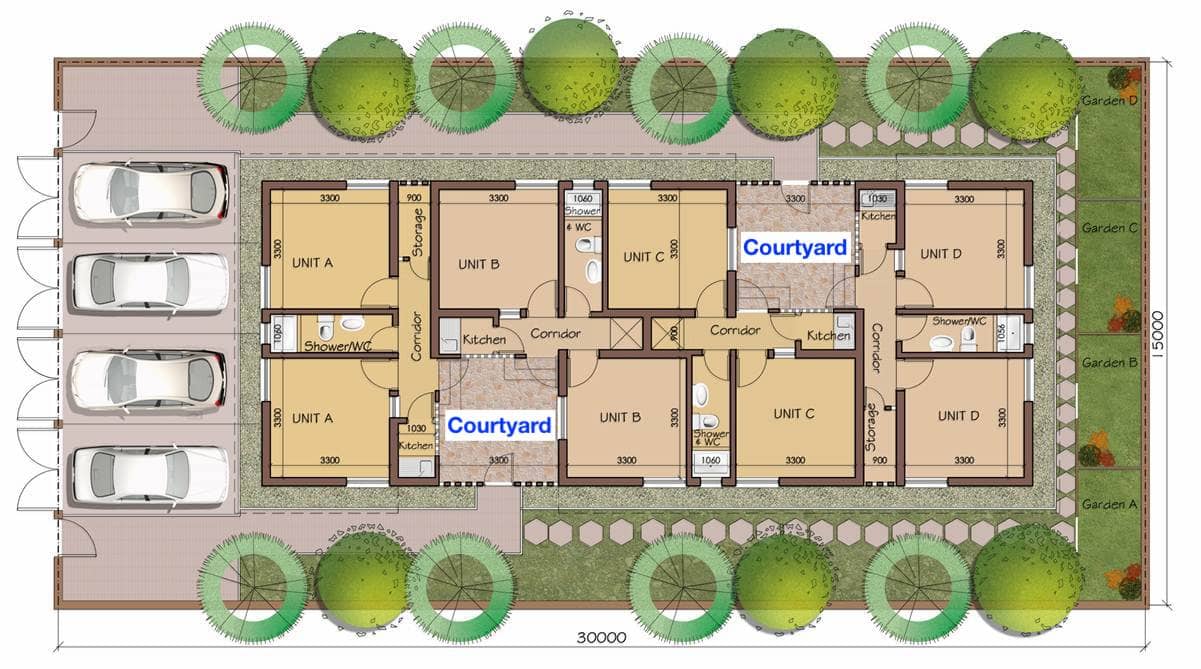 'Eco-Village' in Port Harcourt: plan of typical semi-detached apartments. <em>Image:</em> C.C. Ohajuruka