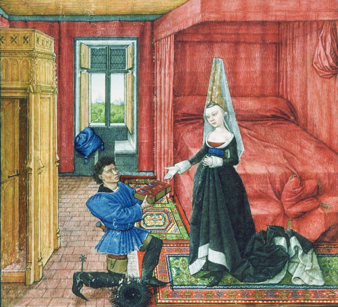 <em>Room in winter with wall cloths and window wide open. Medieval illumination by Barthélemy d'Eyck et le Maître du Boccace de Genève.</em>