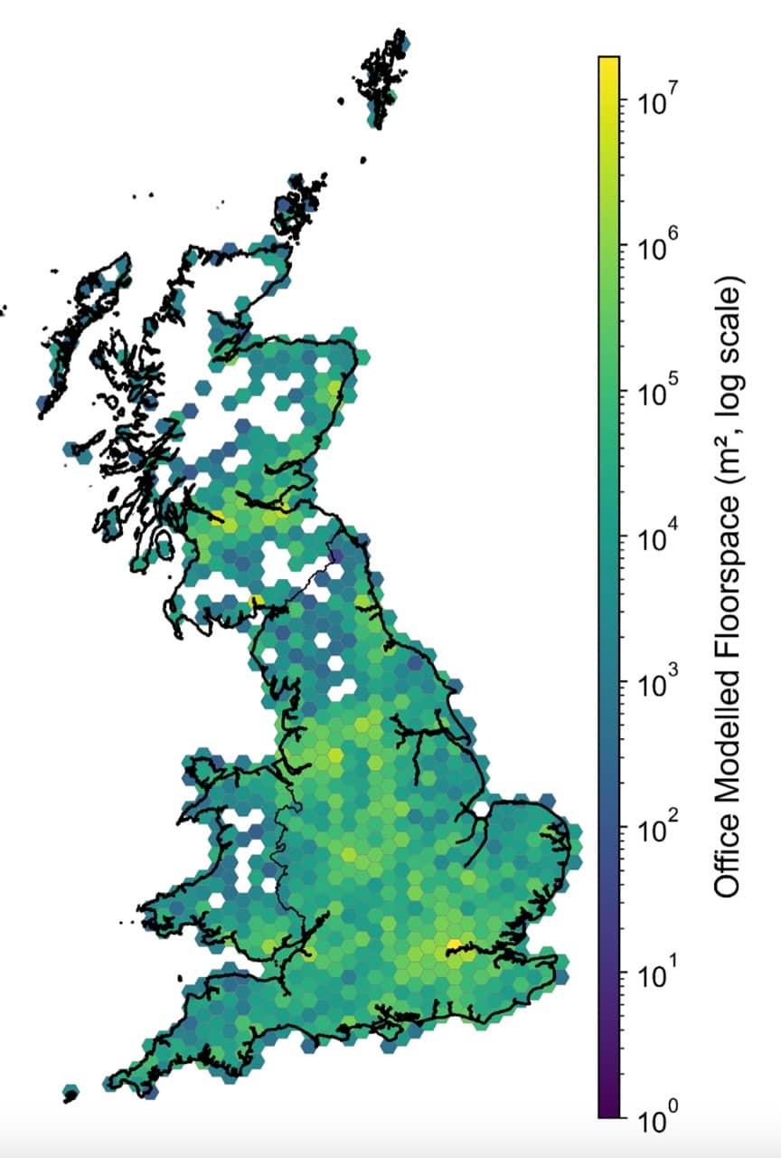 The distribution of office floorspace across Great Britain, from Department of Energy Security and Net Zero, National Buildings Database, 2026.
