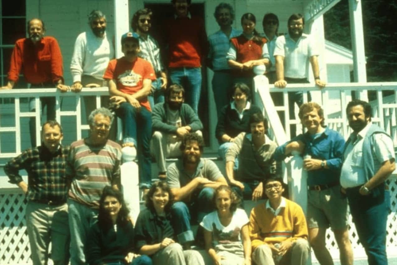 The first SBSE retreat was in 1986 at Heceta Head, OR. From this small core group, the organisation has grown and prospered. (Bruce Haglund is wearing the orange shirt and baseball cap.)