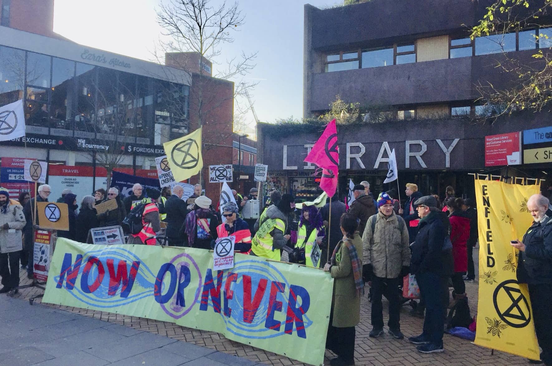 Climate protest outside a local library. Many protests forced councils to declare Climate Emergencies. But have the councils delivered on this promise? Photo: (c) Joe Baker (2019)